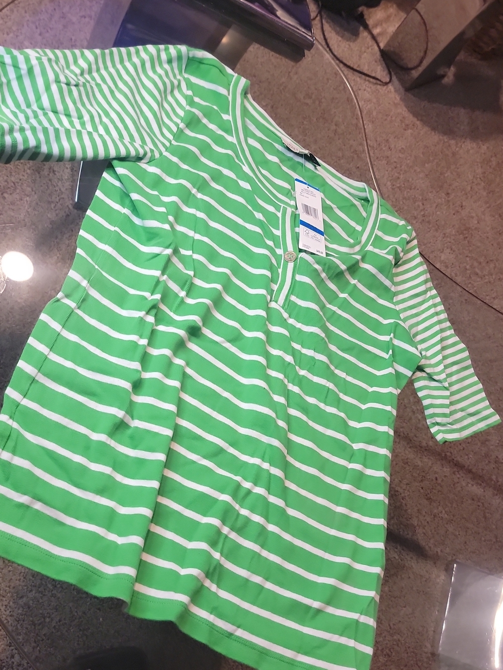 Jones New York Green & White Striped Short Sleeve Henley Tee
